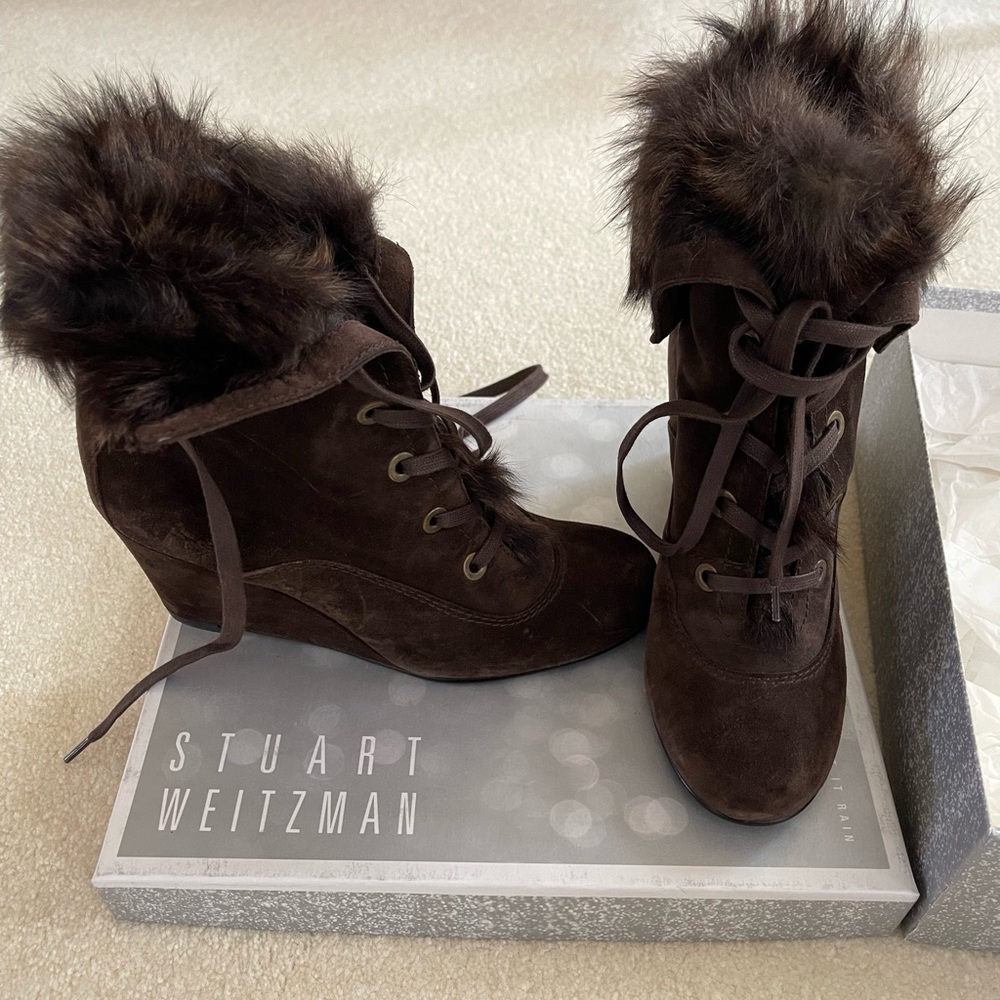 Stuart Weitzman Pilot Fur Bootie in Coffee Velour